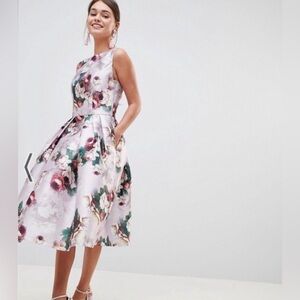 ASOS Chi Chi London Pale Pink Floral Midi Fit-and-Flare Dress
